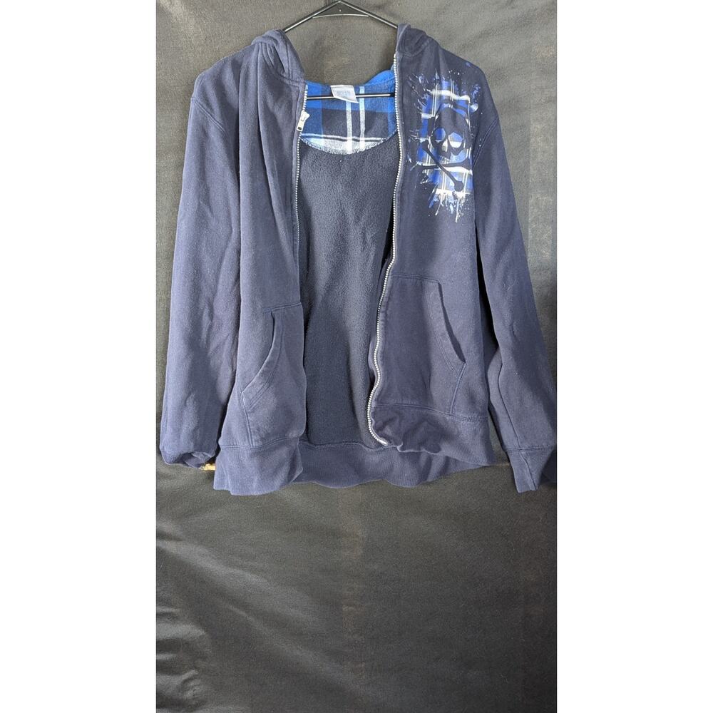 Canyon River Blues Boys L 14/16 Navy Zip Hoodie Flannel Lined Skull Graphic